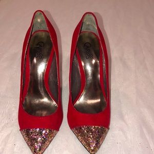 Red suede heels with glitter toes size 7